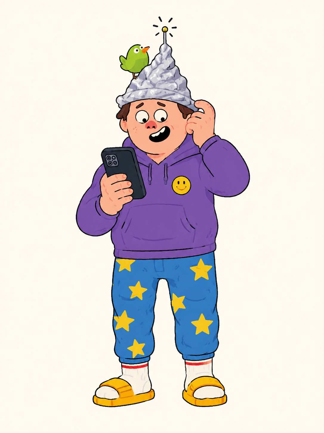 Personaggio illustrato di Boccalone con telefono e cappello di stagnola