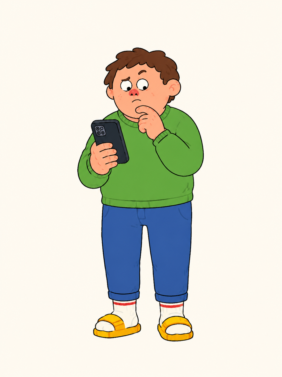 Personaggio pensieroso con telefono